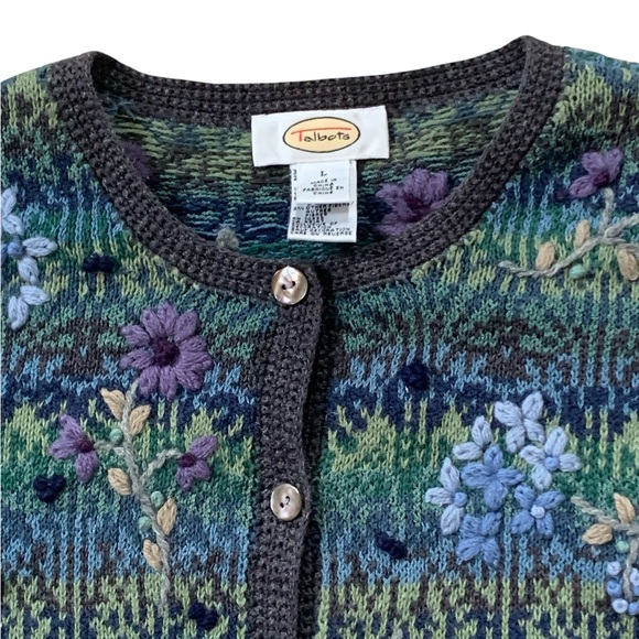 Vintage Talbots Floral Tapestry Cardigan Cottagecore Silk Wool Blend Large - Picture 4 of 5